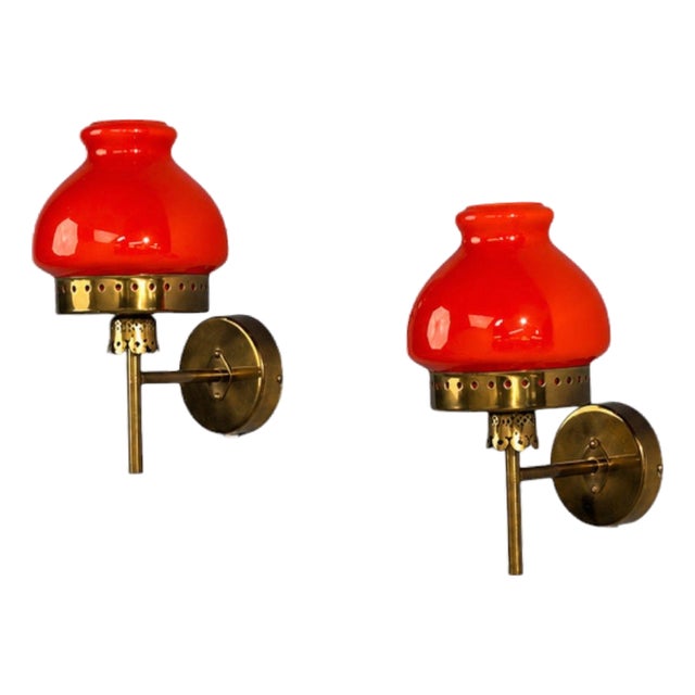 1970s Örsjö Industri Ab, Wall Lights, Brass, Orange Glass - Pair For Sale