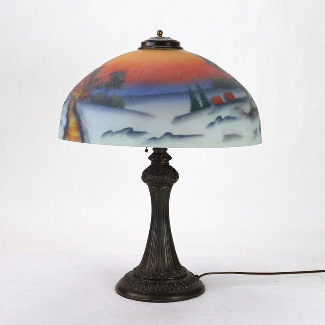 Arts & Crafts Reverse Painted Winter Landscape Lamp, Manner of Jefferson, c1920 Measures - 22" x 17" x 17" An antique...
