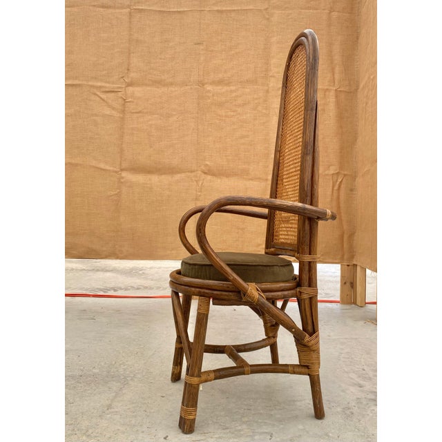 1960s Rattan + Cane Dining Chairs + Dark Moss Green Down Seat Cushions, Set of 8 For Sale - Image 6 of 12