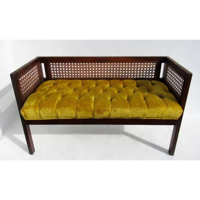 1970s C.1970's Crushed Velvet Velour Button-Tufted Upholstered Caned Wood Bench With Bolster Pillows For Sale - Image 5 of 18