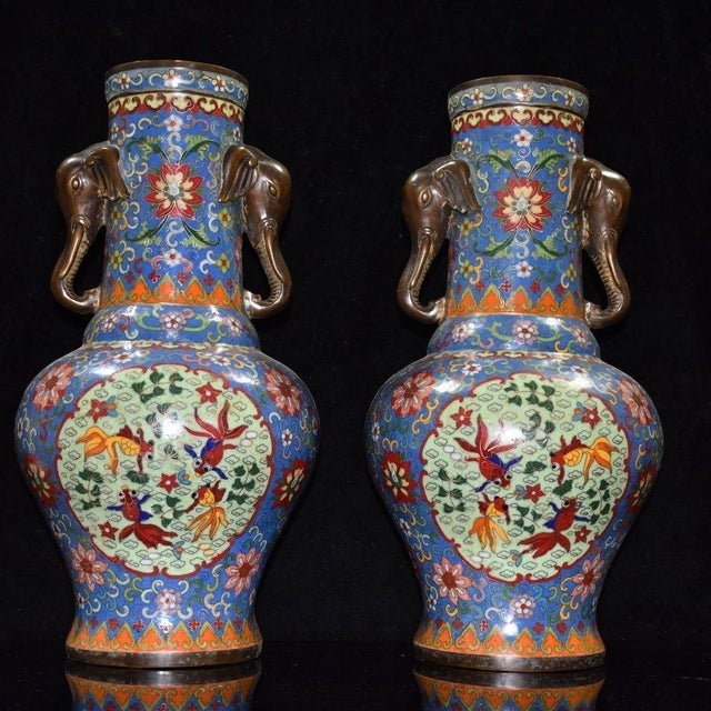 Metal Monumental Pair of Cloisonné Enamel & Bronze Elephant-Handle Vases With Goldfish Motifs For Sale - Image 7 of 9