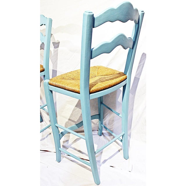Sky Blue 1980s Chalk Painted French Style Bar Stools - a Pair For Sale - Image 8 of 9