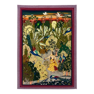 Vintage Silk Embroidered Peacock Garden Textile Wall Hanging | Large Mughal Inspired Folk Art Panel For Sale