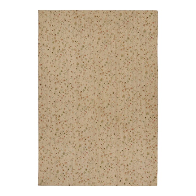 Rug & Kilim’s European Rug in Beige, With Green and Red Floral Patterns For Sale