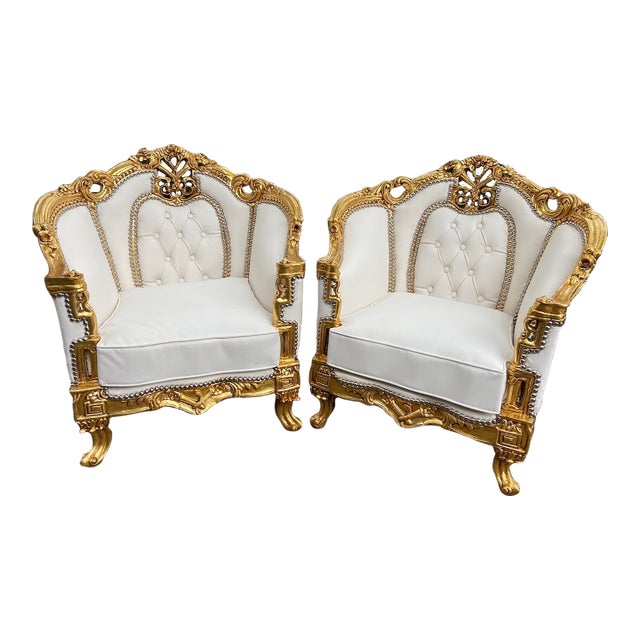 Pair 1950s French Louis XVI Gold Baroque Rococo Leather Bergere Chairs For Sale