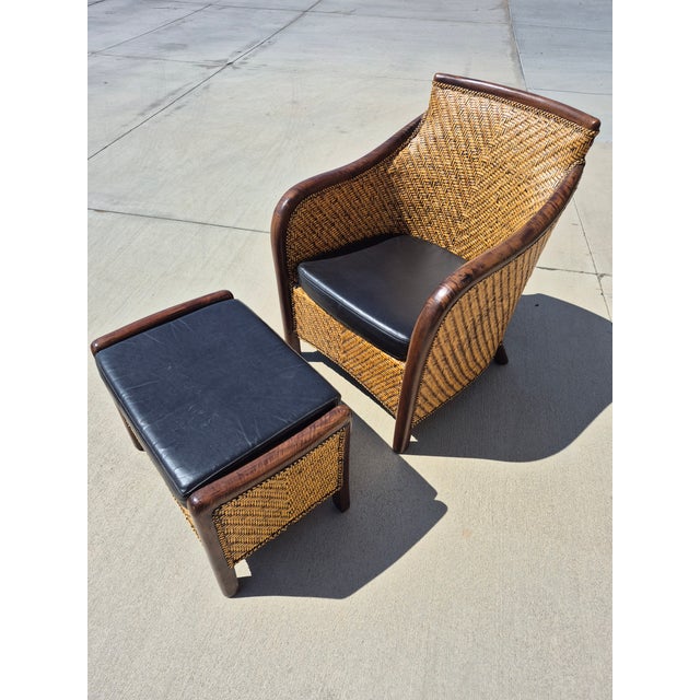 This vintage 1950s French style rattan and wicker club chair with matching footrest features a rare, continuous...