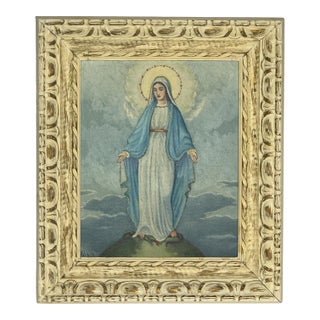 Vintage Hand-Signed Oil Painting "Our Lady of Grace" Religious Folk Art, Carved Gilt Frame For Sale
