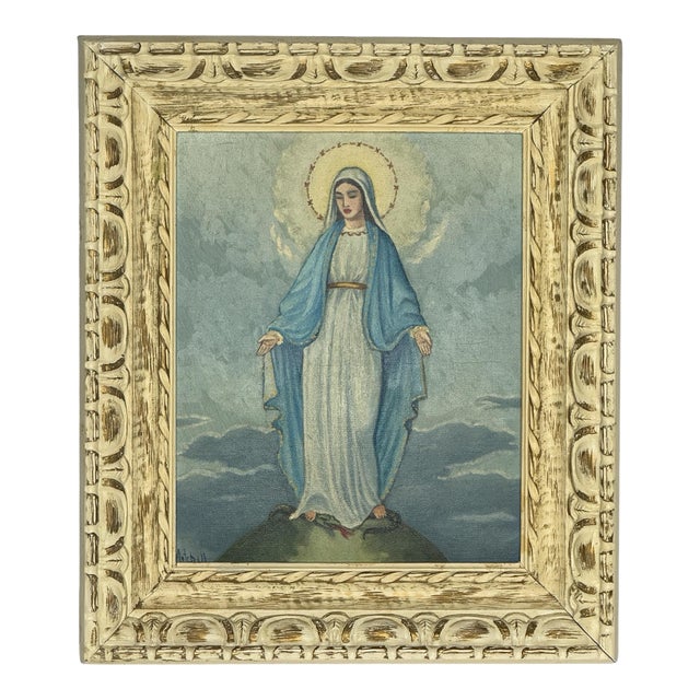 Vintage Hand-Signed Oil Painting "Our Lady of Grace" Religious Folk Art, Carved Gilt Frame For Sale