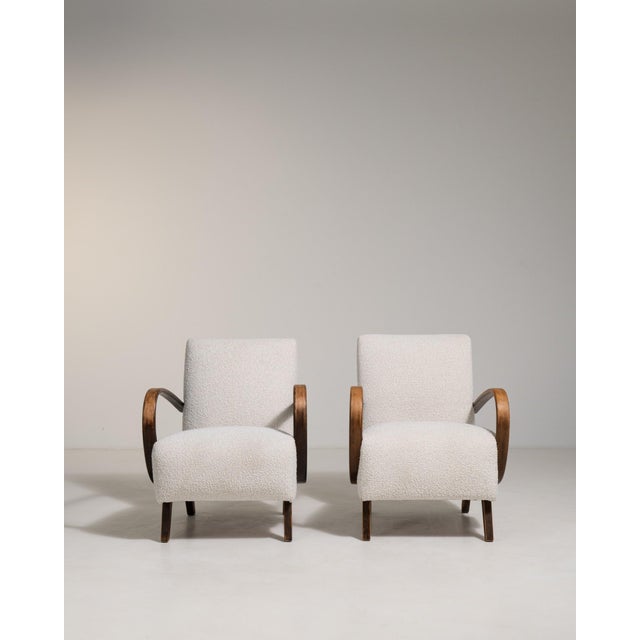 Traditional 1950s Jindřich Halabala Cream Wood Pair of Club Chairs For Sale - Image 3 of 12