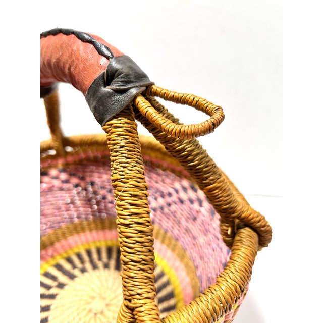 Textile Vintage African Bolga Basket – Handwoven Ghana Market Basket With Leather Wrapped Handle For Sale - Image 7 of 9