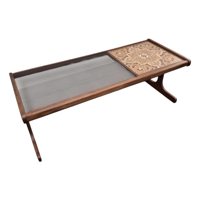 Mid-Century Teak Coffee Table with Smoked Glass Top and Patterned Tiles from G-Plan, 1960s For Sale