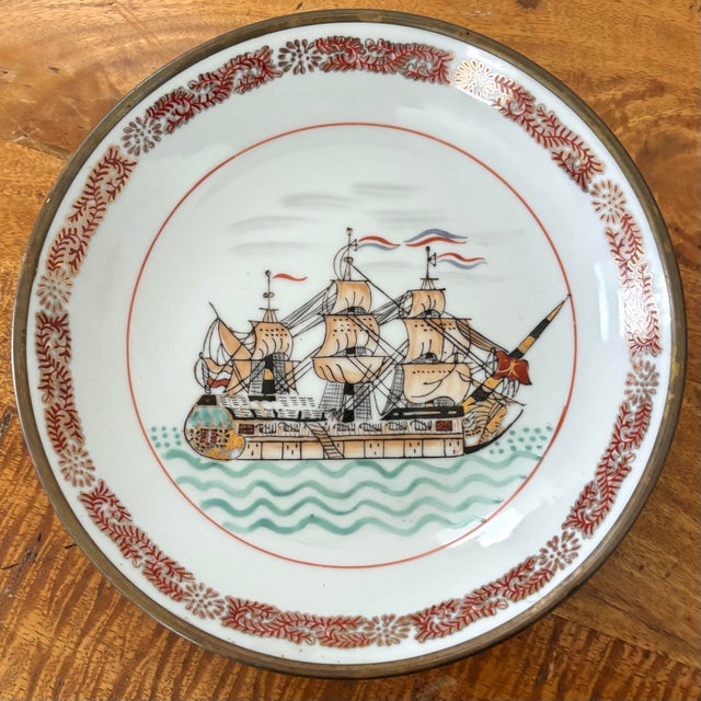Mid 20th Century Clipper Ship Porcelain Plate Encased in Brass For Sale - Image 6 of 6