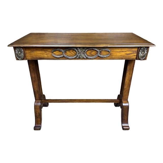 Vintage Oak Side Console Accent Table W Carved Accents and Scroll Feet For Sale
