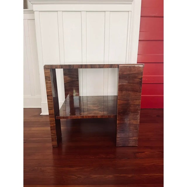 Art Deco 1920s Hungarian Bauhaus Walnut Veneer Two Tier Occasional Table For Sale - Image 3 of 12