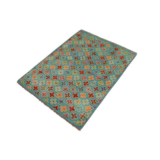 Abstract Boho Chic Balochi Blue/Rust Wool Rug - 3'4''x4'11'' For Sale - Image 3 of 11