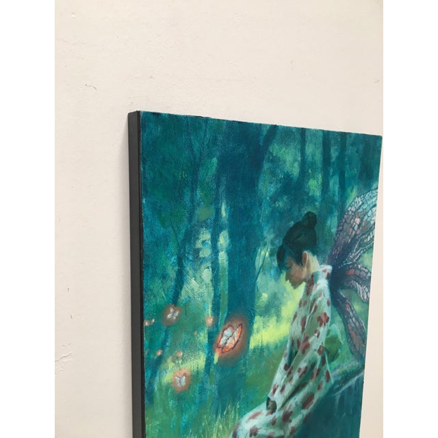 Contemporary Saying Hello by Christopher Clark | Oil on wood panel Girl in a floral kimono with butterfly wings. For Sale - Image 3 of 3