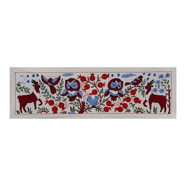 Colorful Suzani Table Runner – Owl, Deer & Floral Embroidery For Sale