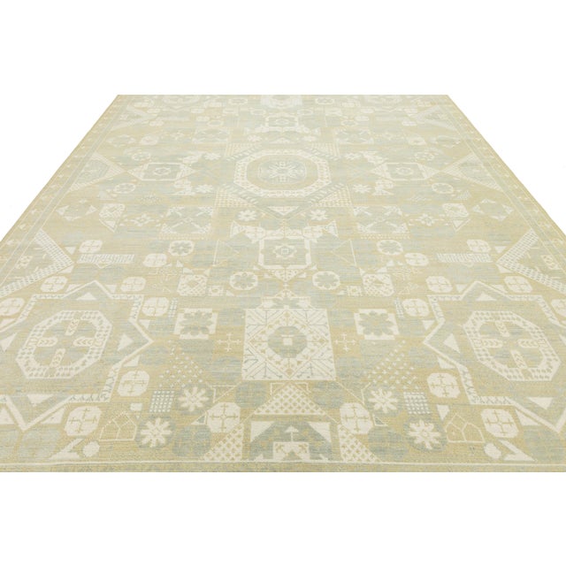 Textile 10x14 Modern Khotan Style Geometric Area Rug in Soft Sage & Ivory Wool For Sale - Image 7 of 10
