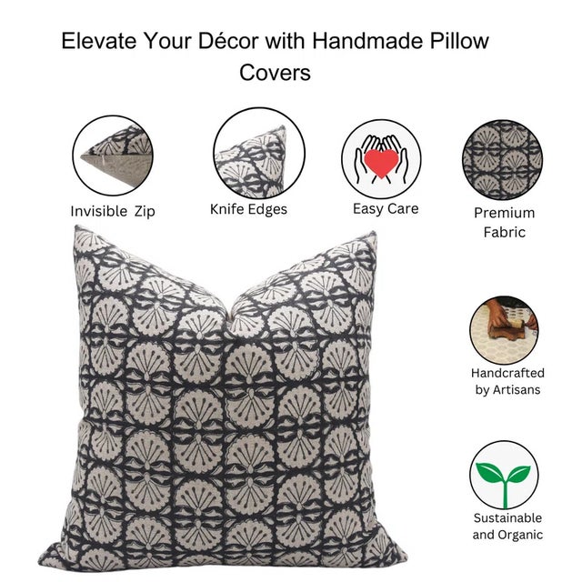 Black Fabdivine Handmade Pillow Cover 16x16 Inch Block Printed Decorative Cushion- Bijhni For Sale - Image 8 of 8