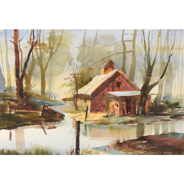 Serene depiction of a cabin in a marsh by Floyd Town (American, 20th c.). Washes of color create an abstracted background...