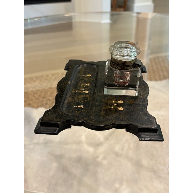 Glass Antique 19th Century Black Lacquer Chinoiserie Inkstand With Cut Glass Inkwell For Sale - Image 7 of 18