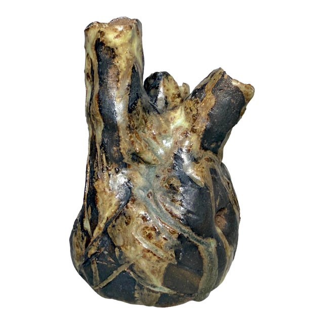 Vintage Handmade Brutalist American Pottery Anatomical Heart Shaped Vase For Sale