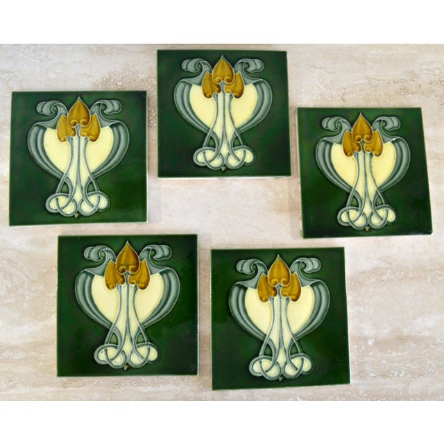 Set of 5 Green Yellow and Mustard Color Tiles. In very good condition, no issues. Measures: 6 x 6 x 0.38 inches thick.