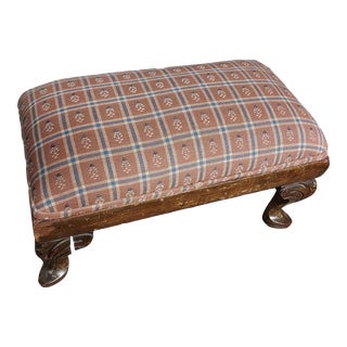 Early 20th Century Wooden Foot Stool With Pink Floral Upholstery For Sale