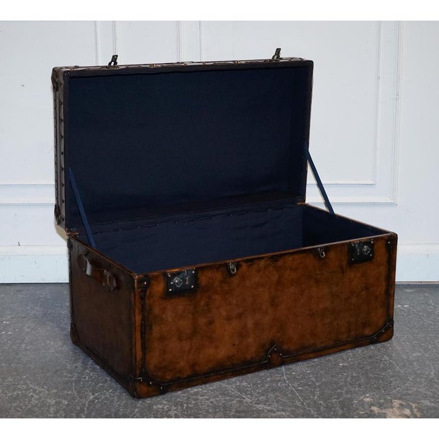 Brown Vintage Hand-Dyed Brown Leather Lockable Storage Trunk For Sale - Image 8 of 16
