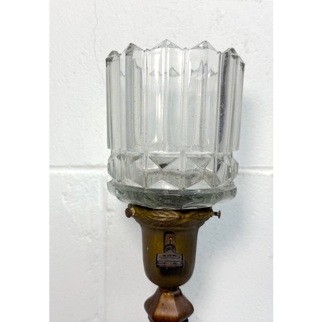 Metal Antique Ornate Early 1900's Bronze Glass Art Nouveau Electric Table Lamp Light For Sale - Image 7 of 11