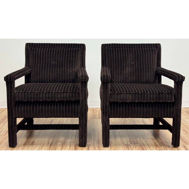 Vintage Newly Upholstered Luxe Chocolate Brown Pinstripe Velvet Parsons Chairs, a Pair For Sale - Image 4 of 12