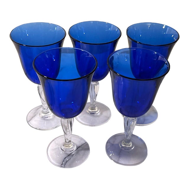 Cobalt Blue, Twisted Stem Wine Glasses - Set of 5 For Sale
