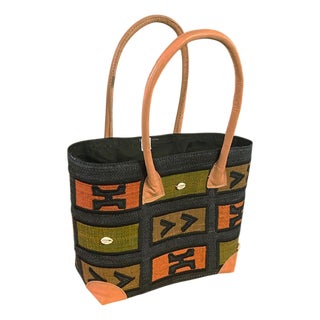 Sewn & Embroidered Raffia /Leather Tote Bag From Madagascar For Sale