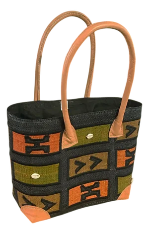 Sewn & Embroidered Raffia /Leather Tote Bag From Madagascar