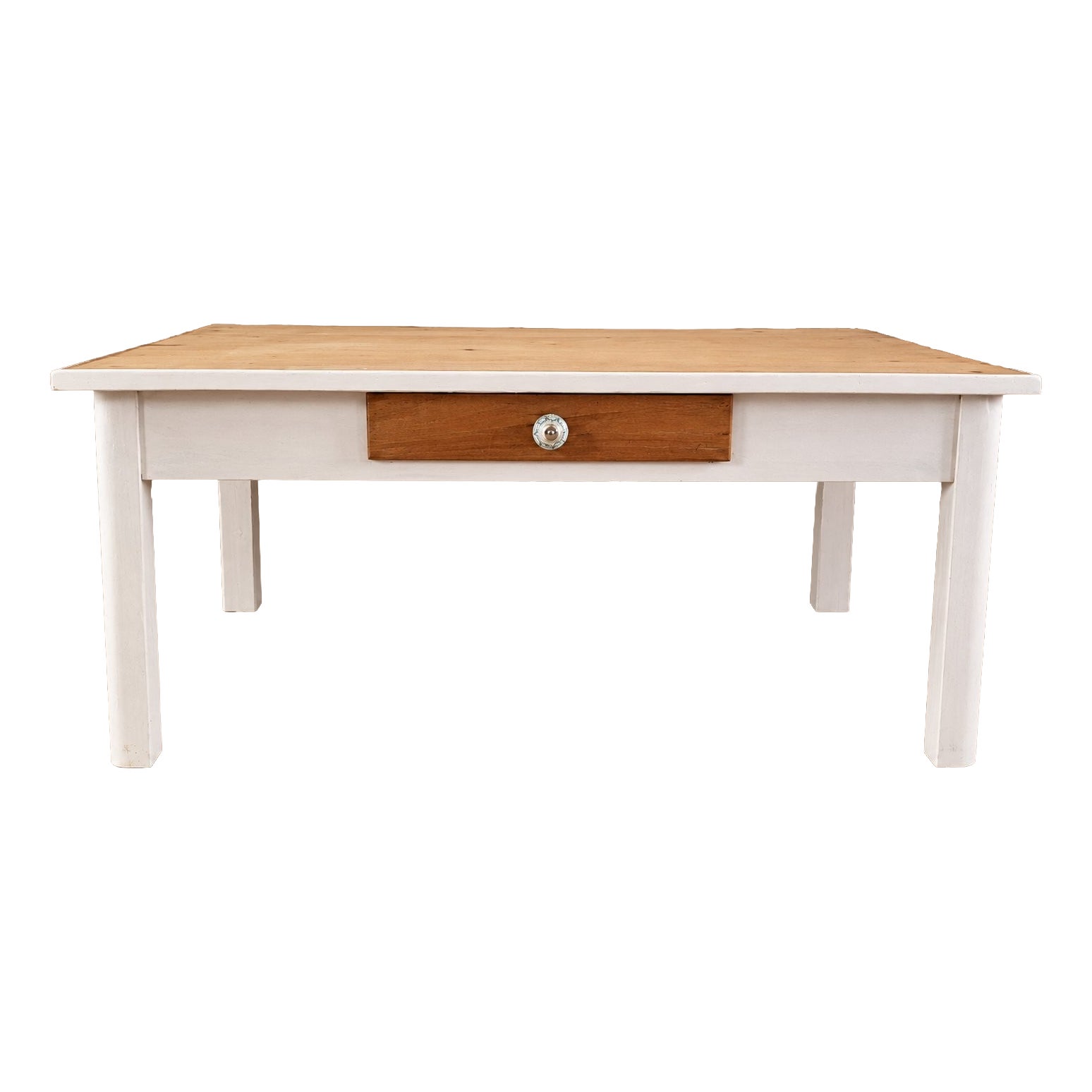 Country Coffee Table in Pinewood with Floral Porcelain Knob and Drawer ...