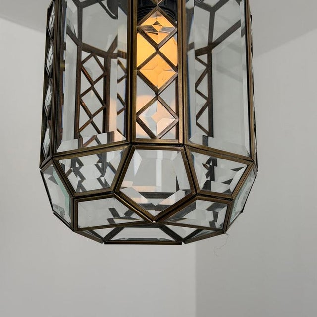 1970s Art Deco Italian Revival Brass and Beveled Glass Lantern, 1970s For Sale - Image 5 of 18