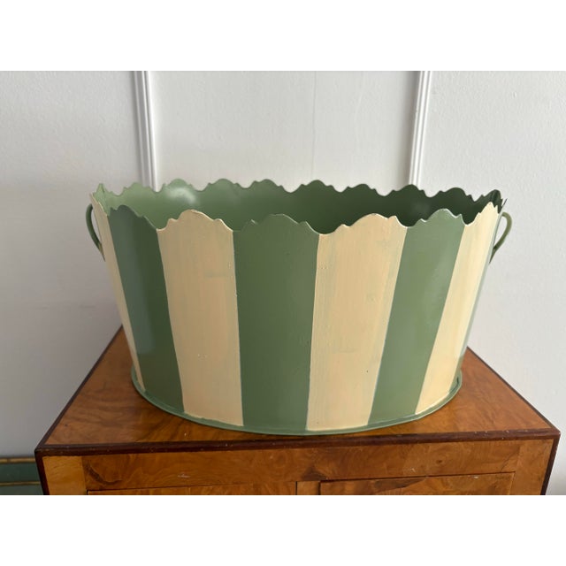 Vintage Scalloped Green and White Striped Urn For Sale In New York - Image 6 of 12
