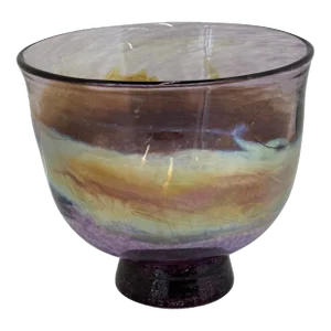 Andrew Shea Signed Hand-Blown Iridescent Art Glass Bowl/Vase - Purple With Copper and Gold Swirls - Vintage Mid-1980s