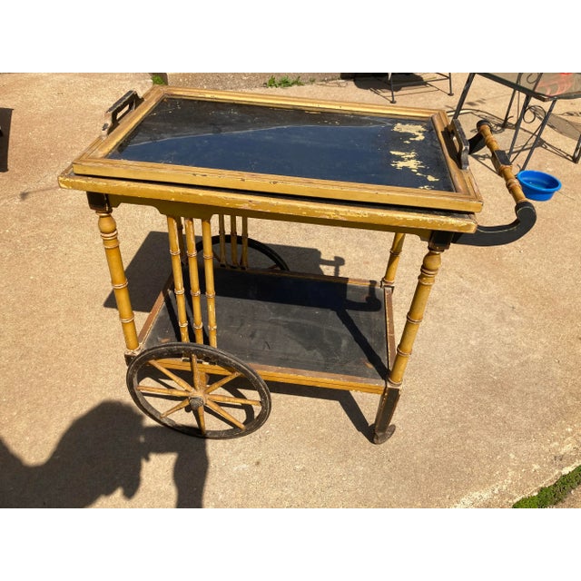 Asian Antique Early 20th Century Asian Style Bamboo Yellow Rolling Tea Bar Cart For Sale - Image 3 of 10