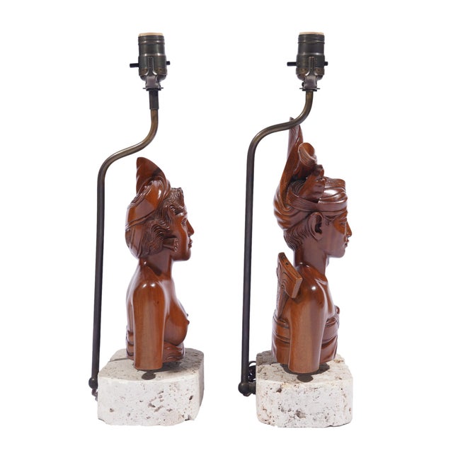 Wood Pair of Balinese Carved Klungkung Wood Bust Lamps, 1920-40 For Sale - Image 7 of 13