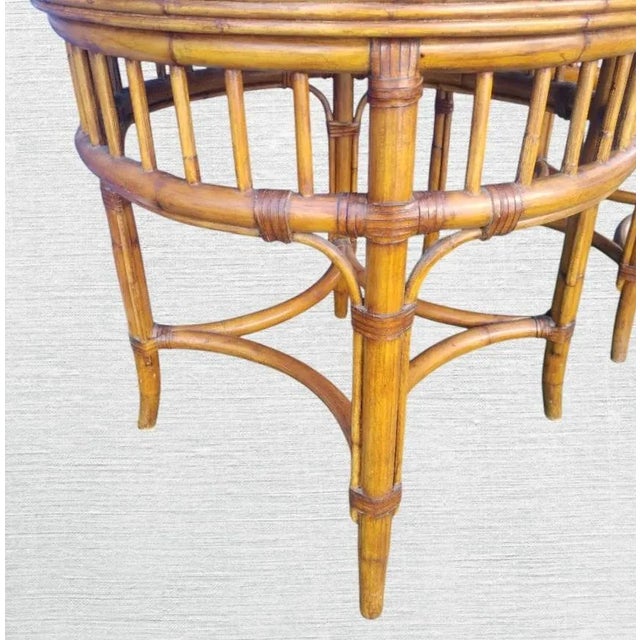1990s Vintage Ethan Allen Large Chinese Chippendale Round Glass Wicker Top Side Tables- a Pair For Sale - Image 5 of 6
