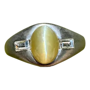 3 Carat Green Chrysoberyl Cats Eye and Baguette Cut Diamonds in Platinum Ring, Size 7.25