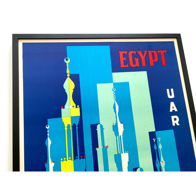 Blue " Egypt Uar " Vintage 1962 Mid Century Modern Silkscreen Print Large Framed Travel Poster For Sale - Image 8 of 13