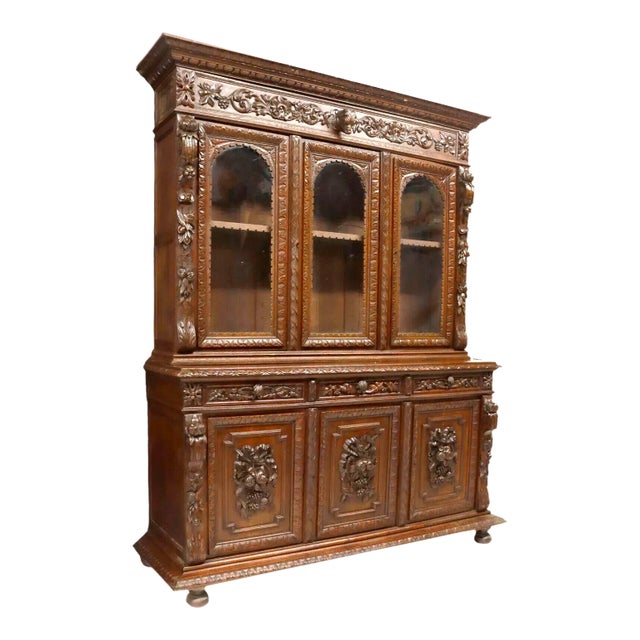 1800s Antique French Carved Oak, Hunt, With Glazed Doors Display Cabinet For Sale