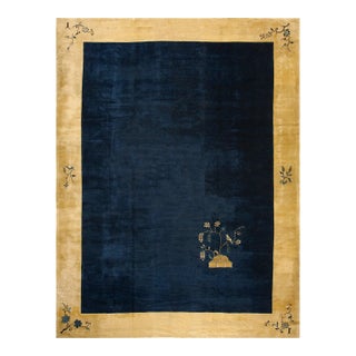 1920s Navy Open Field Art Deco Modern Antique Chinese Peking Knotted Wool Rug For Sale