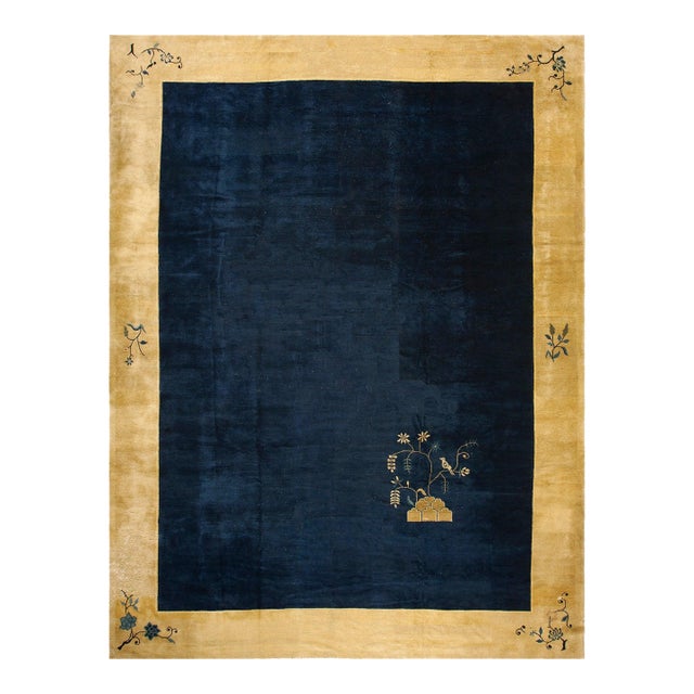 1920s Navy Open Field Art Deco Modern Antique Chinese Peking Knotted Wool Rug For Sale