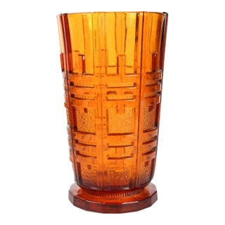 Vintage Val Saint Lambert Amber Glass Art Nouveau Vase With Geometric Relief For Sale