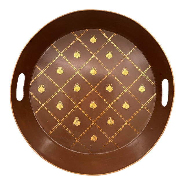 Vintage French Tole Metal Toleware Gold Napoleonic Bee Large Tray, Ottoman Tray For Sale