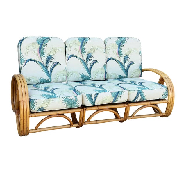 1950s Restored Mid-Century 3-Strand 3/4 Round Pretzel Arm Rattan Sectional 3-Seat Sofa For Sale - Image 9 of 9