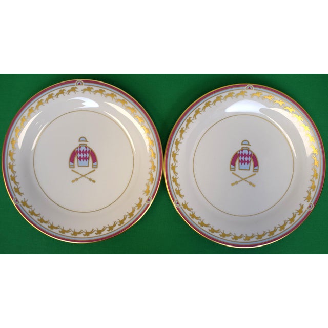 Mid 20th Century Mid 20th Century Set of 4 Pickard Saratoga China Dinner Plates W/ Hand Painted Jockey Silks and X'd Riding Crops For Sale - Image 5 of 6